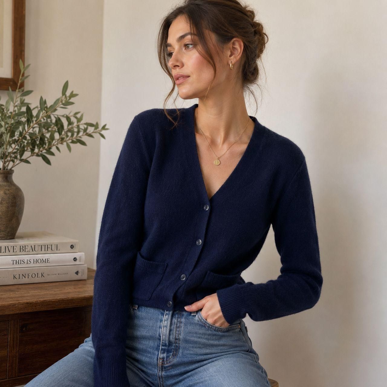 100% Cashmere Navy Blue Ultra Soft Cardigan Button Up Sweater In Cashmere S